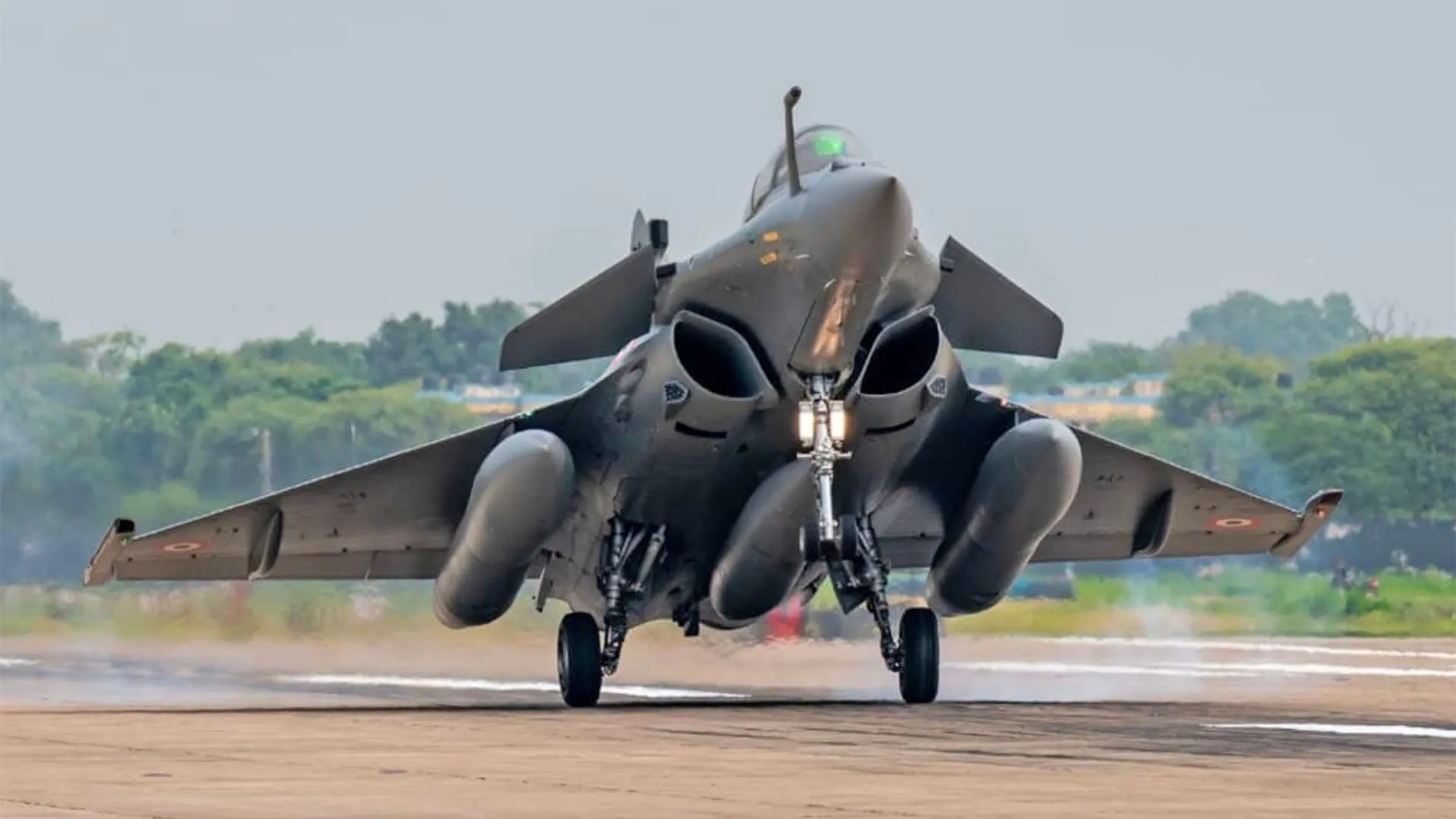 An Indian Air Force Rafale fighter jet touches down at Ambala airbase, home to the Golden Arrows squadron